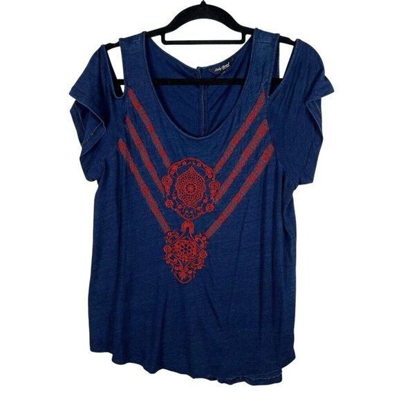 Lucky Brand Tops - Lucky Brand Women Navy Blue &‎ Red Embroidered Cold Shoulder Blouse Top Sz LARGE